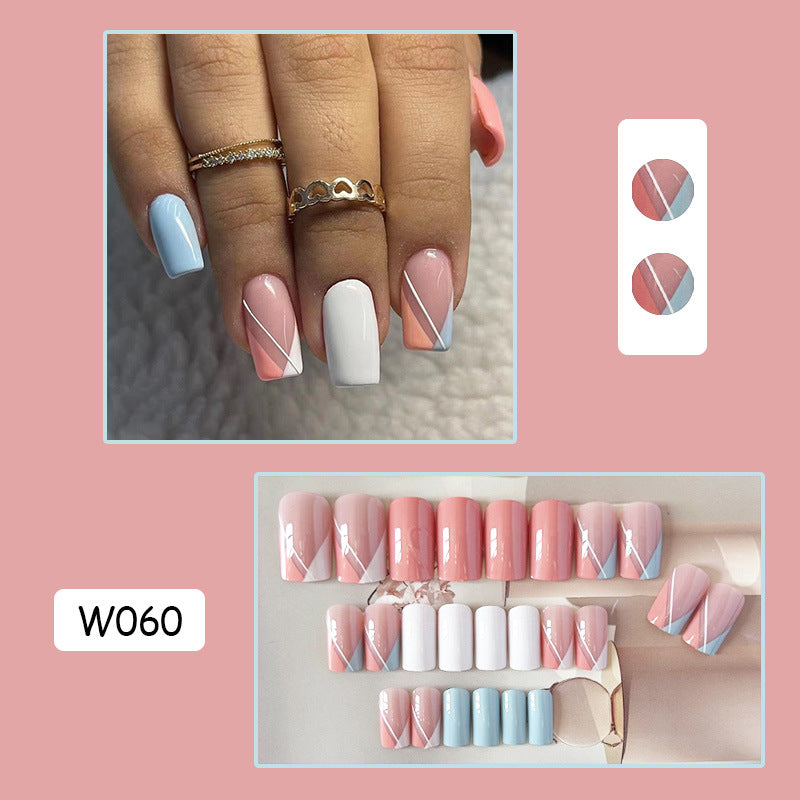 裸色几何穿戴甲长方nails 线条跨境美甲片外贸假指甲长甲美甲贴片