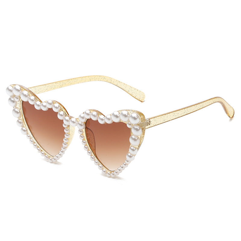 Women's fashion glasses 2022跨境大框架歪心欧美镶珍珠太阳镜桃心爱心女士墨镜防紫外线