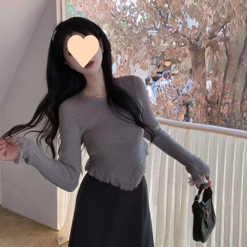 Dopamine tops Free shipping Tattoo Autumn and winter pure desire Su irregular knitted sweater top women's design sense slim fit sweet cool long sleeve short style tide