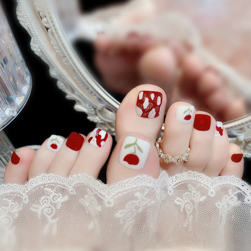 Fashion  nail New Fresh Manicure Wear Nail Ins Wine Red Small Flower Nail Patch Toenail Toenail Manicure J4