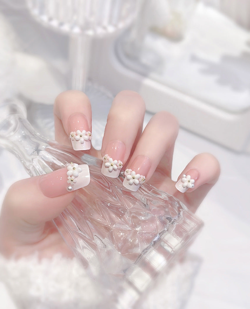 Fashion  nail New Fresh Sweet French Style Pearl Flower Nail Stickers Fake Nails Fresh Hand-Worn Armor A41