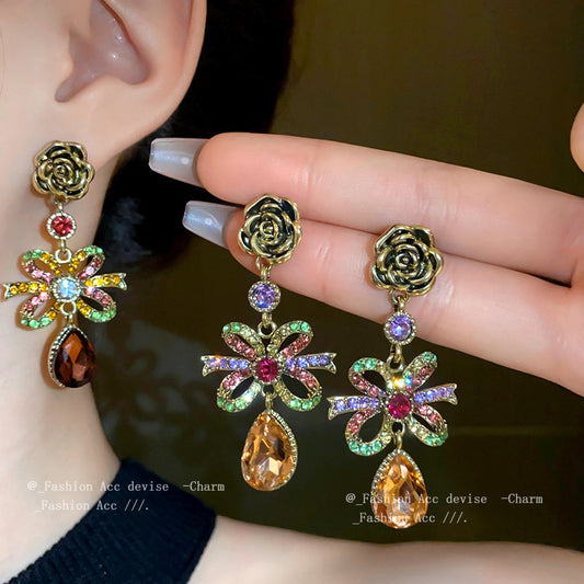 中古银针蝴蝶结镶钻花朵耳环复古轻奢设计感耳钉高级感耳饰批发女