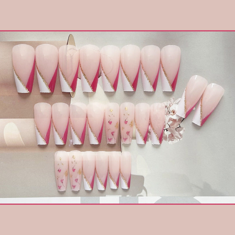 金箔花朵穿戴甲法式nails 裸色跨境美甲片外贸假指甲长甲美甲贴片