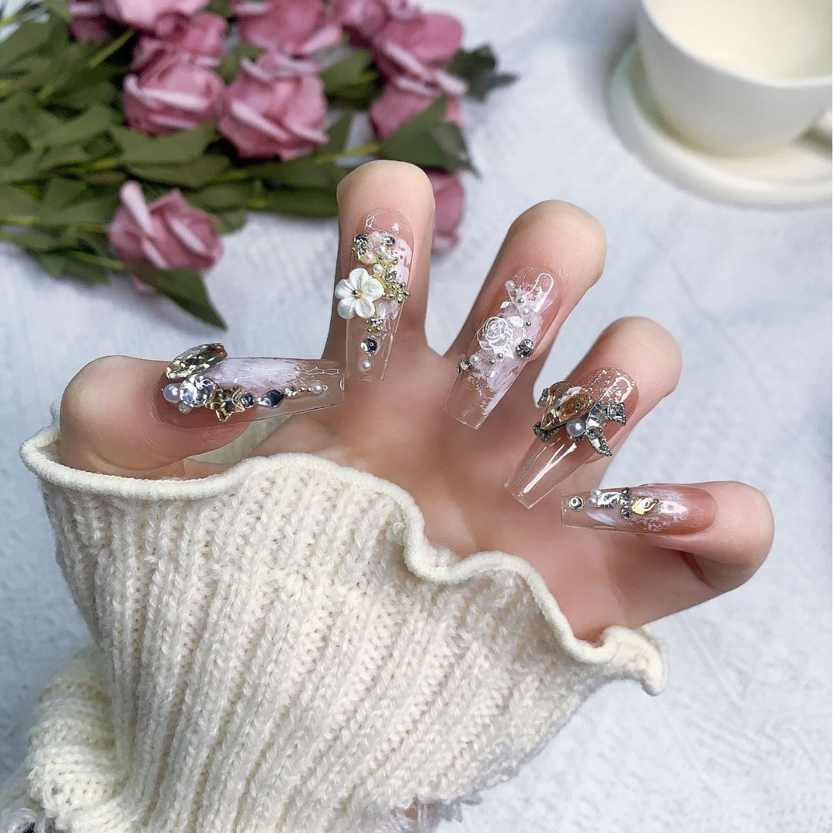 (Hand-Made Nail) Heavy Industry Handmade Wear Nail Maillard Light Luxury Bow Pile Rhinestone Flash Autumn and Winter Nail Wear Nail Sticker