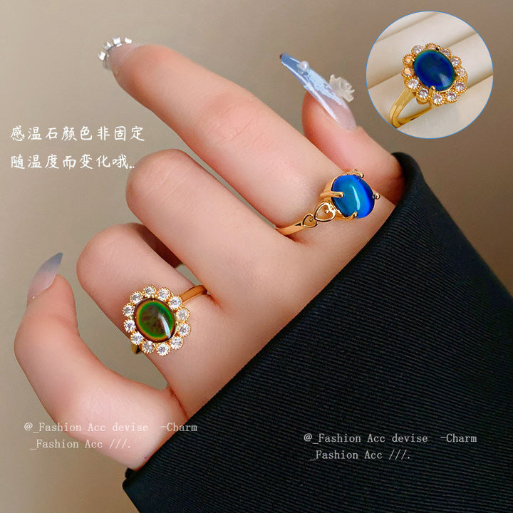 锆石感温石可变色戒指复古时尚百搭食指戒小众简约设计感手饰批发