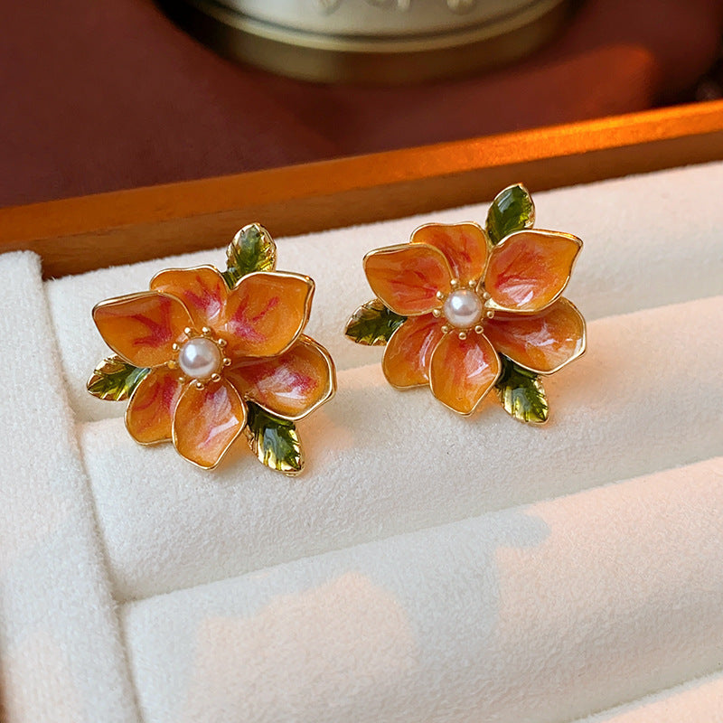 中古vintage耳环 925银针滴油花朵几何耳钉法式复古时尚气质耳饰