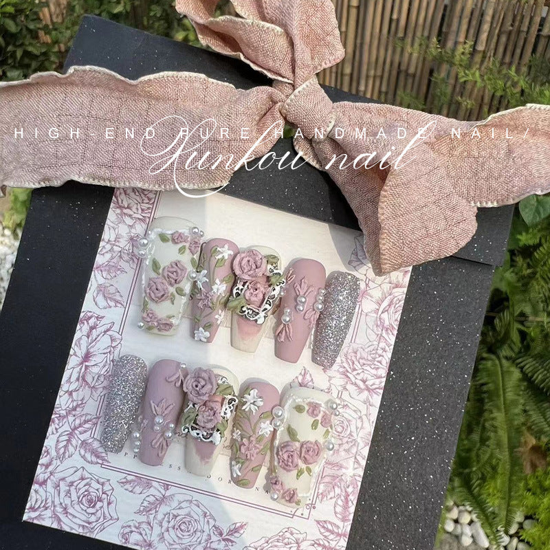 (Hand-Made Nail) Purple White Heavy Industry Secret Garden Flash Pink Diamond Pearl Sequins Hand-Worn Nail Beauty Ins Style Disassembly