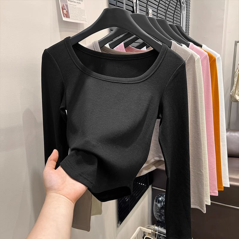 Dopamine tops Free shipping Tattoo Dopamine Wear Pumpkin Orange Shoulder Long Sleeve T-Shirt Women's Early Autumn Spice Girl Slim Short Square Neck Bottom Shirt Top