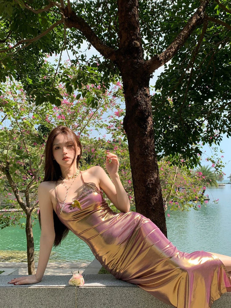 Fashion women's wear Beautiful Green Luminous Fabric Gradient Color Backless Slim Fit Sling Dress Women's Long Skirt 2024 New