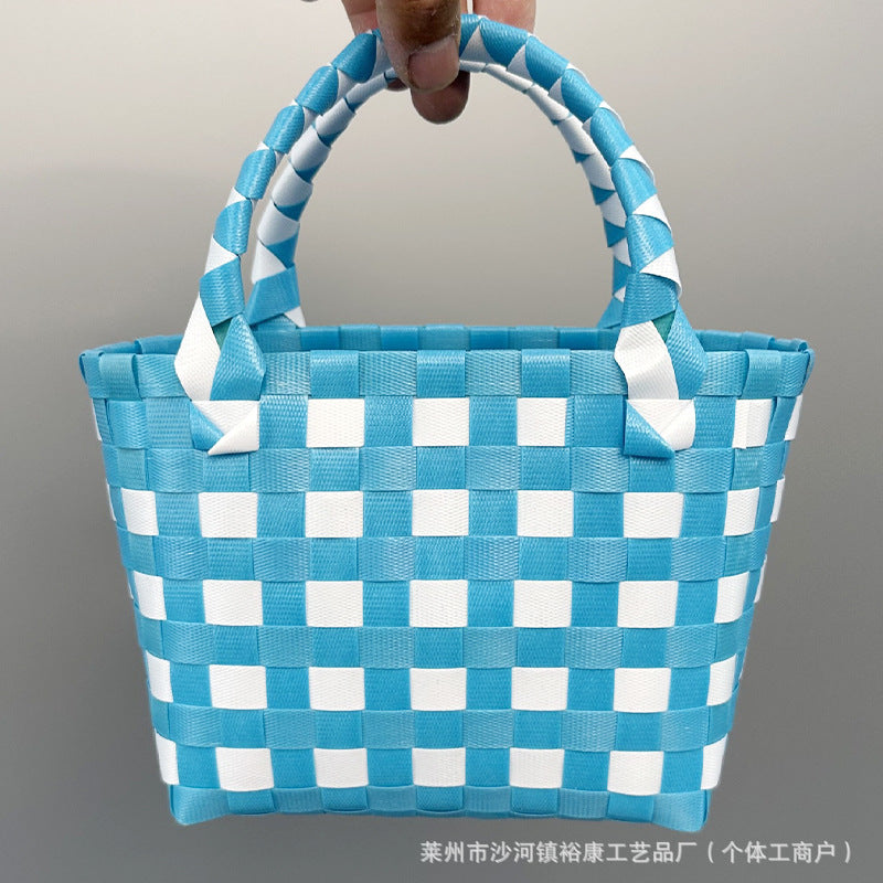 Dopamine Bag Free shipping Tattoo Cartoon dopamine plastic woven bag, trendy macaron hand-woven vegetable basket bag, cute casual seaside beach bag