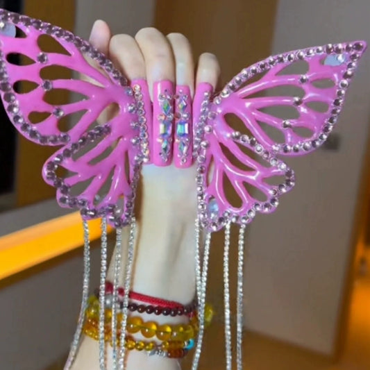 (Hand-made nail) Super-large three-dimensional exaggerated butterfly wears manicure, beautiful girl's three-dimensional butterfly wings explode and flash aurora drill, and hand-made manicure.