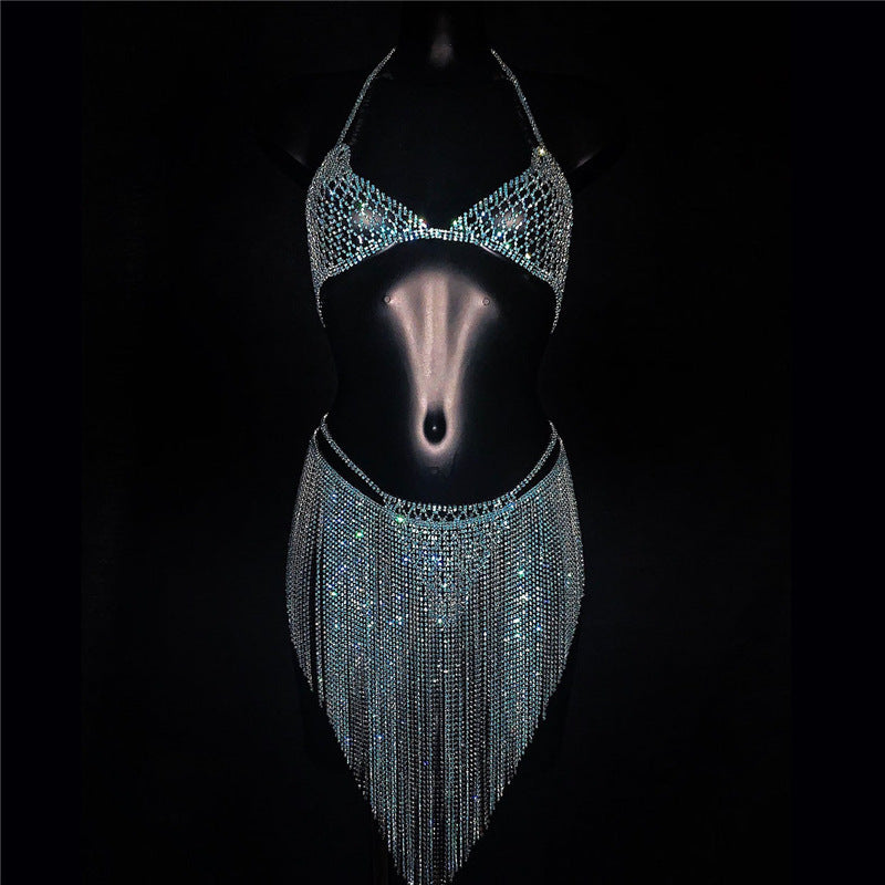 Fashion jewelry manufacturers hot sale blue crystal sexy body chain set nightclub bikini bra shorts skirt body jewelry women