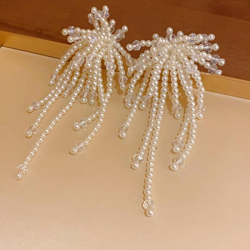 银针珍珠水晶流苏耳环2024新款夸张耳钉高级感复古百搭耳饰批发女