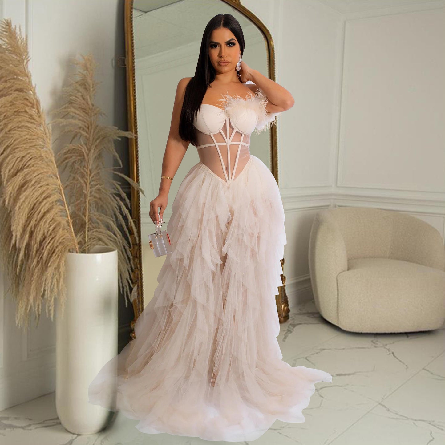 Fashion women's wear X6223 Cross-Border  Fashion Women's Wear Solid Color Sleeveless Chest Wrap Mesh Long Dress Dress