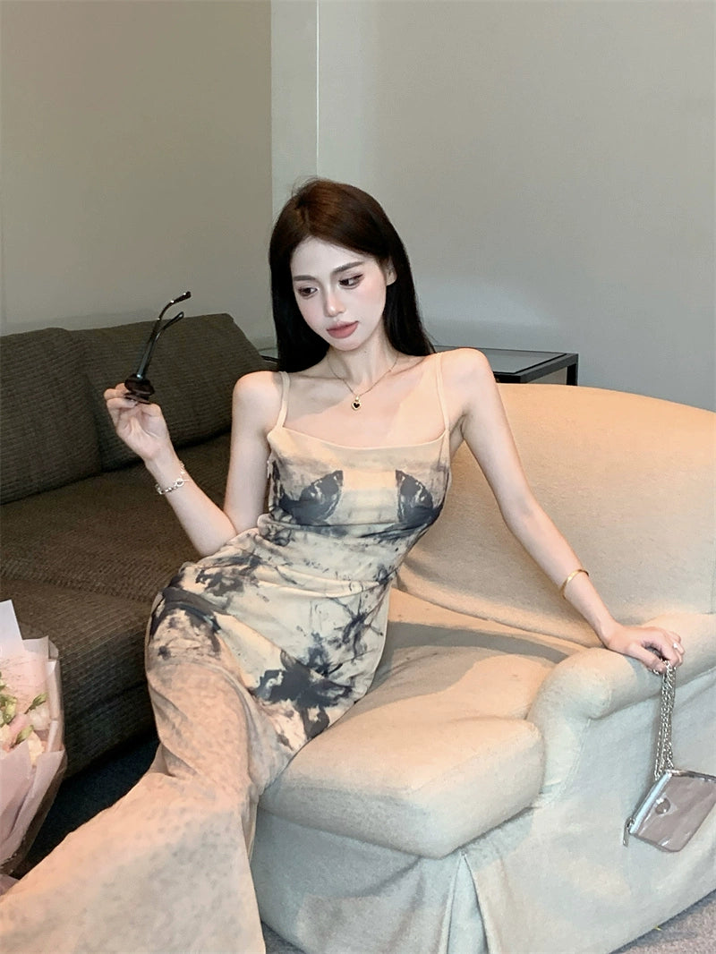 Fashion women's wear Women's French-Style Tie-Dyed Printed Suspender Dress Summer Elegant Waist Slimming Sexy Sheath A- line Dress for Hot Girls