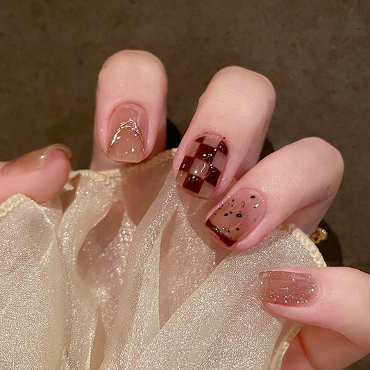 秋冬棋盘格银河穿戴甲美甲贴片可拆卸指甲贴片假指甲穿戴美甲成品