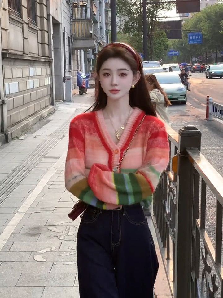 Dopamine tops Free shipping Tattoo Cross-border dopamine rainbow contrasting stripes knitted cardigan women's autumn new lazy age-reducing loose and sweet sweater