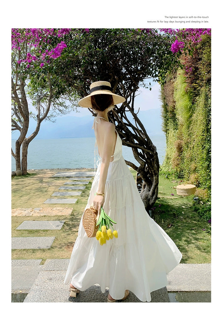 Fashion women's wear Yunnan Travel Photography Fairy Dress Orange Deep V-neck Backless Sling Dress Sanya Seaside Beach Skirt Female