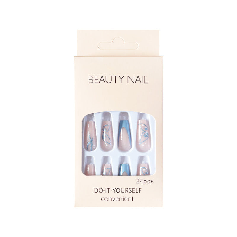 翩翩蓝蝶穿戴甲丝带nails 法式跨境美甲片外贸假指甲长甲美甲贴片