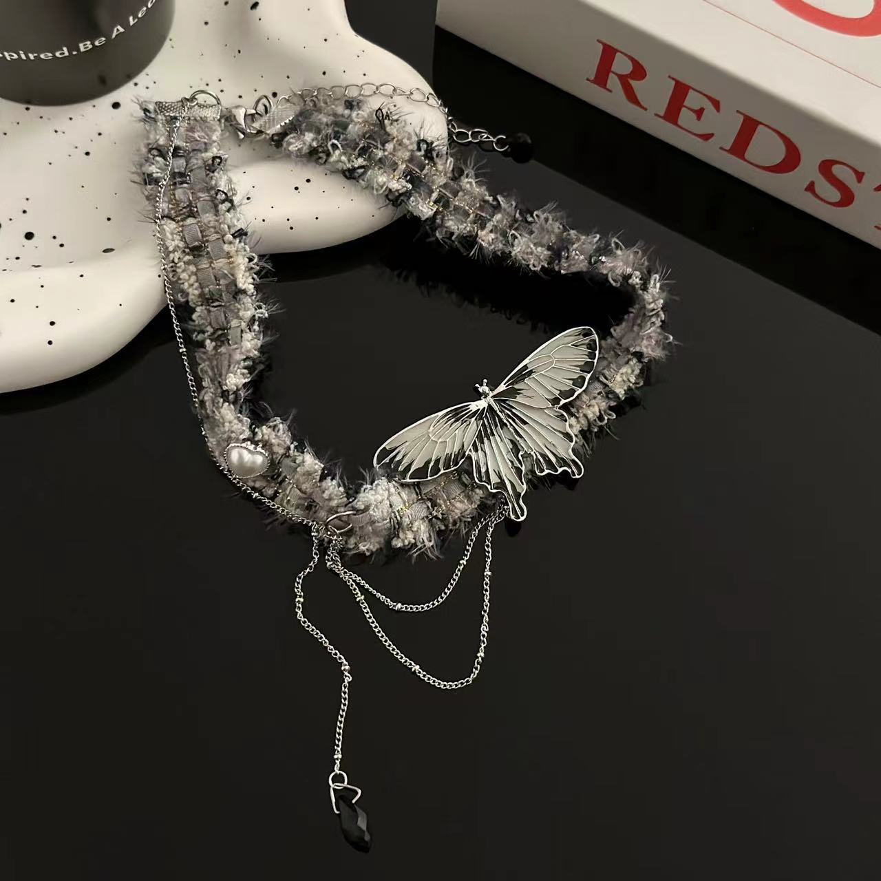 y2k辣妹风毛绒蝴蝶choker项链女潮酷哥特亚文化颈带锁骨链配饰潮