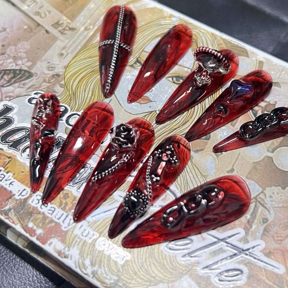 (Hand made nail) Handmade Wearable Armor Heavy Industry European and American Long Style Dark Blood Rose Nail Reusable Spicy Girl Nail