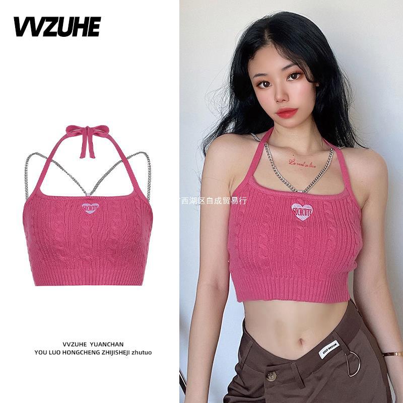 Dopamine tops Free shipping Tattoo Pink Dopamine Wear Seaside Small Suspender Female Sexy Neck Wear Vest Sweet Spicy Thai Top Spice Girl Summer