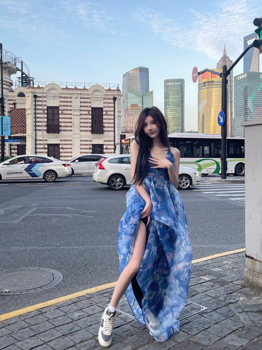 Fashion women's wear Pure Floral Strap Dress Women's Summer A- line Dress Long Dress Seaside Vacation Beach Dress Fairy Dress Sense of Atmosphere