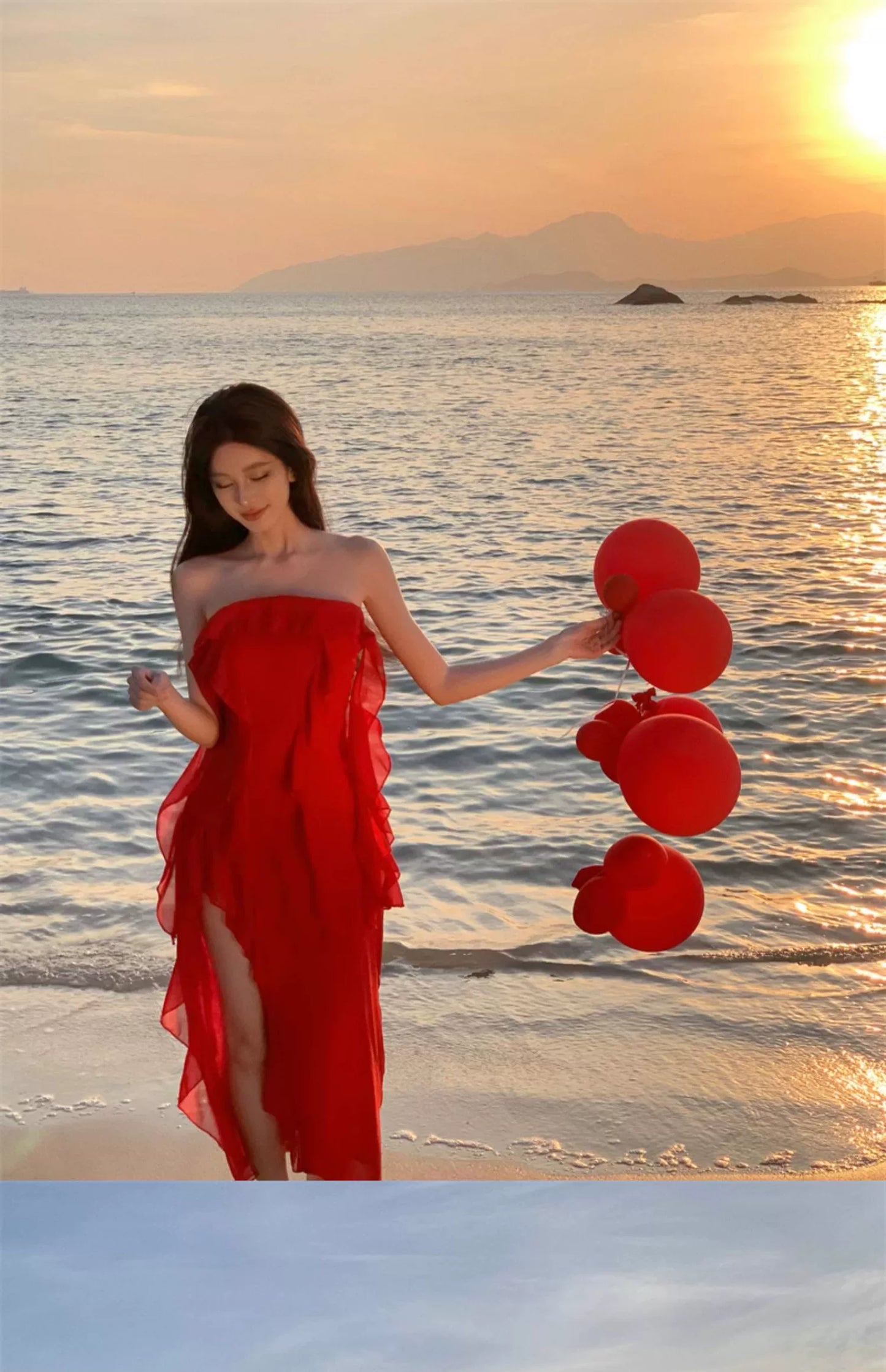 Fashion women's wear French Irregular Red Halter Spaghetti Straps Dress Women's Senior Sexy Beautiful Dress Seaside Holiday Beach Dress