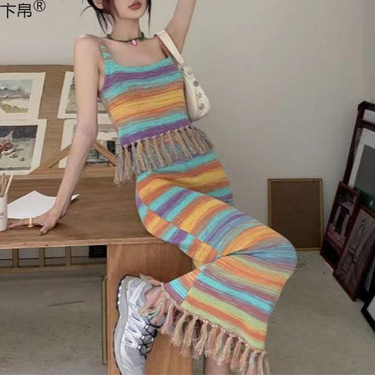 Dopamine dress Free shipping Tattoo Dopamine Sweet Girl Suit Girl Wear Summer Skirt A Complete Set of Fringed Sweet Wind Knitted Suspender Long Dress