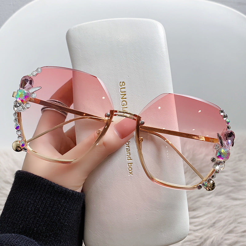 Women's fashion glasses 2024 跨境大框水钻太阳镜无框防晒防紫外线墨镜个性女大脸显瘦带钻