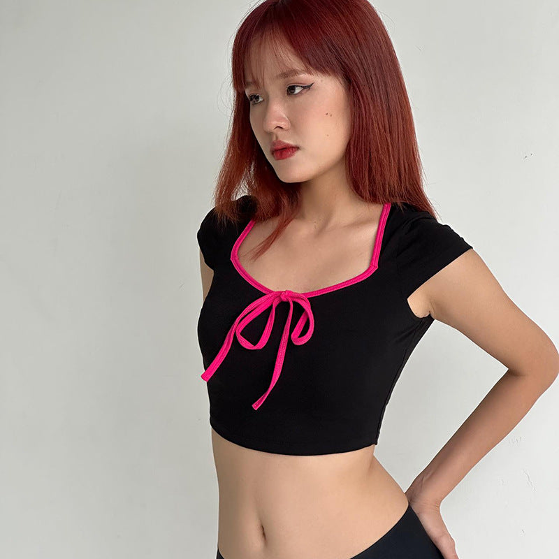 Fashion women's wear Q23tp143 Trendy Sexy Sweet Hot Girl Skinny Short Design Contrast Color Wear Short Sleeve Top for Women Summer