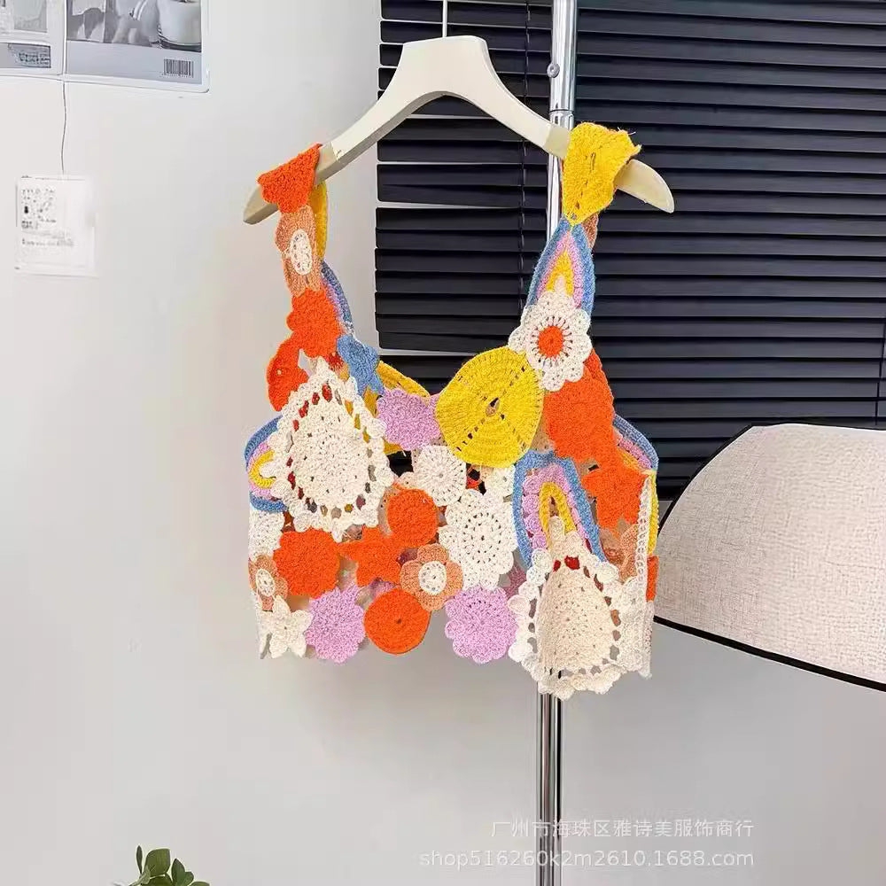 Dopamine tops Free shipping Tattoo Dopamine girly feeling colorful flower hollow sling vest women's summer design sense niche sweet knitted top