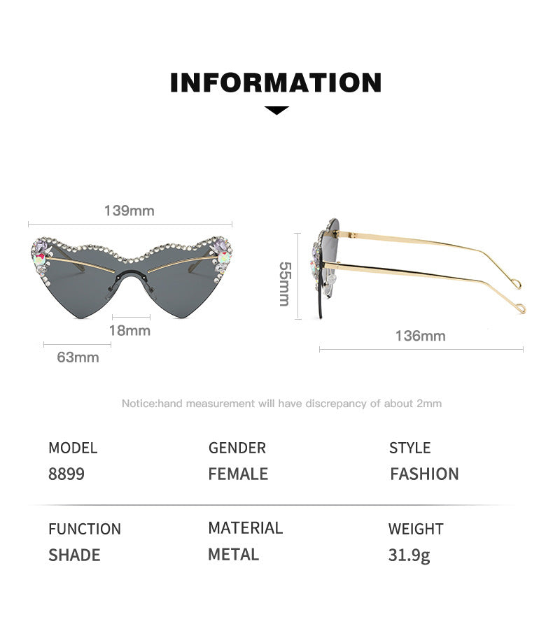 Women's fashion glasses 跨境新款爱心连体镜片无框镶钻猫眼太阳镜时尚女士墨镜桃心渐变色