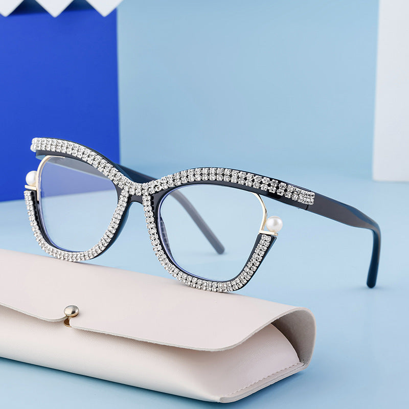 Women's fashion glasses 欧美新款个性镶钻平光眼镜框女时尚猫眼可配近视眼镜架女跨境批发