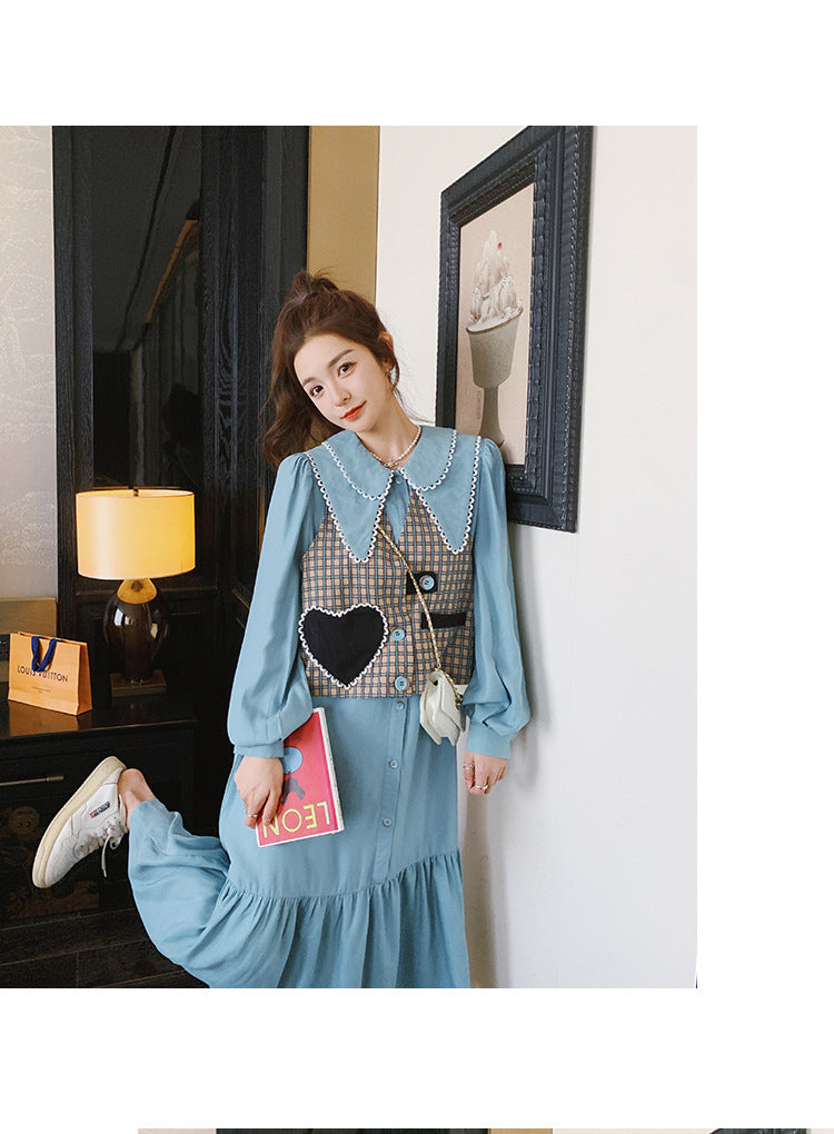 Fashion women's wear Real Shot Tea Series Ladies Long Sleeves Dress Women's Spring and Autumn French Style Gentle Cut Women's Wear Love Vest Suit Skirt