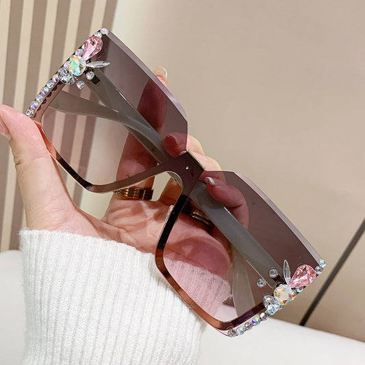 Women's fashion glasses 新款欧美半框闪耀水钻时尚连体太阳镜素颜女式墨镜简约潮流太阳镜