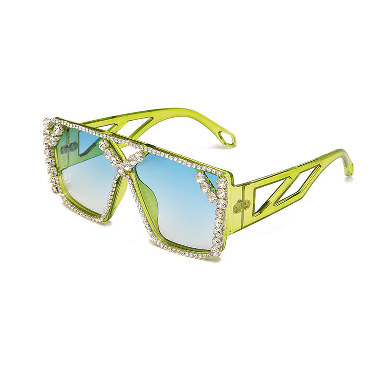 European and American personality large frame diamond sunglasses, exaggerated round face, UV resistant sunglasses, large box outdoor sunglasses for women