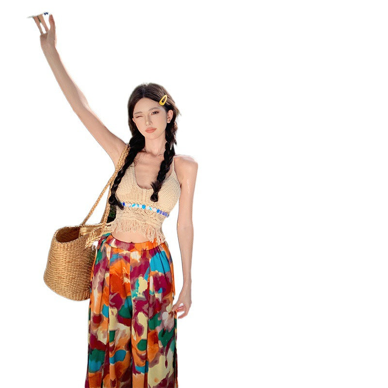 Dopamine pants Free shipping Tattoo 2024 oil painting color dopamine summer cool pants seaside vacation Yunnan Sanya travel style wide-leg trousers