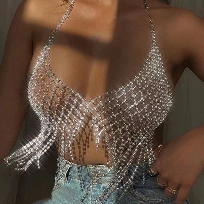 Fashion jewelry cross-border supply European and American rhinestone mesh tassel body chain sexy nightclub exaggerated diamond bra clothing wholesale