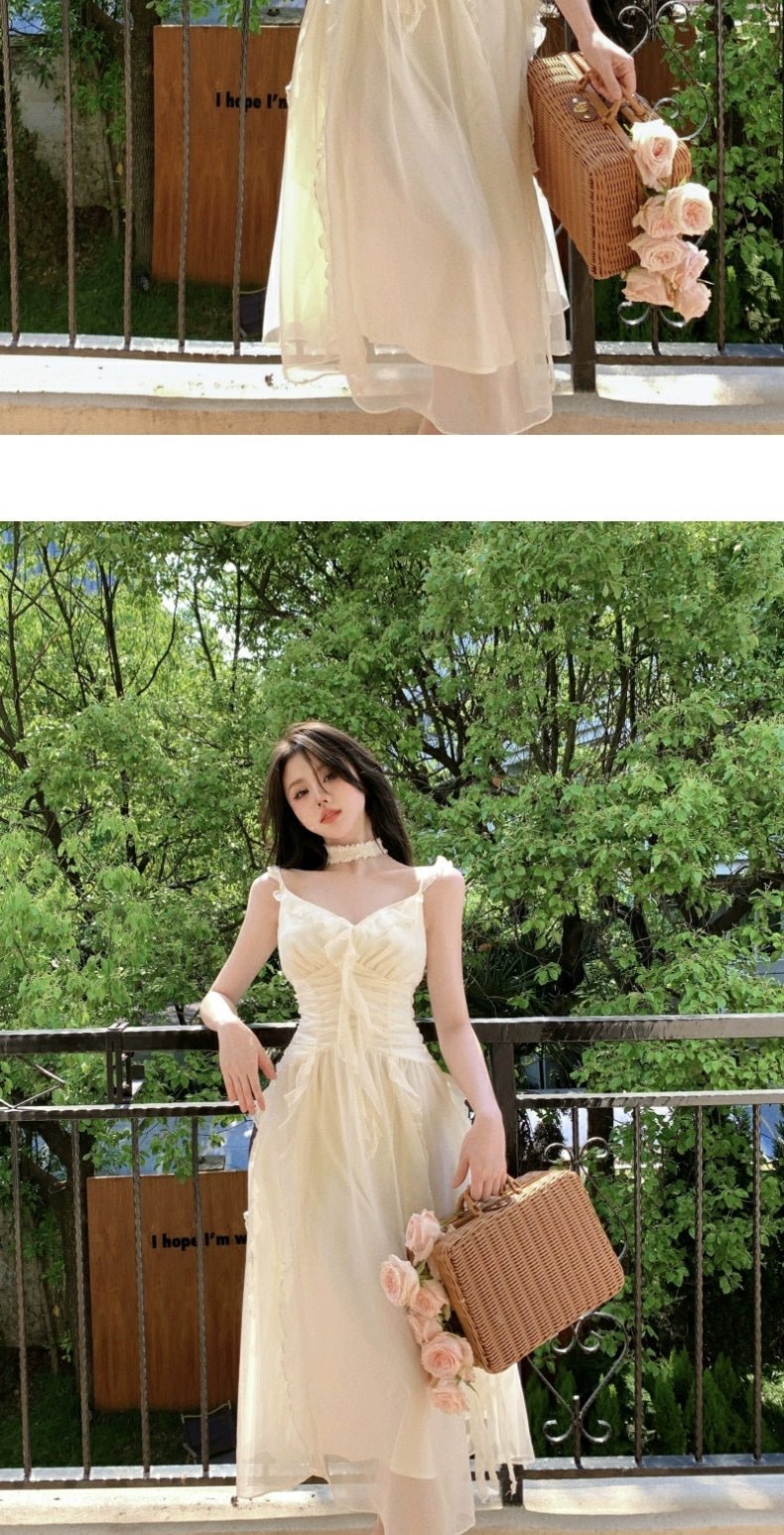 Fashion women's wear French Pure Desire Sexy White Ruffled Chiffon Sling Dress Fairy Seaside Vacation Escape Princess Long Dress