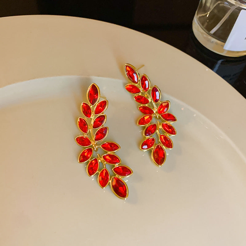 银针中古镶钻树叶耳环欧美夸张设计感耳坠时尚轻奢高级感耳饰批发