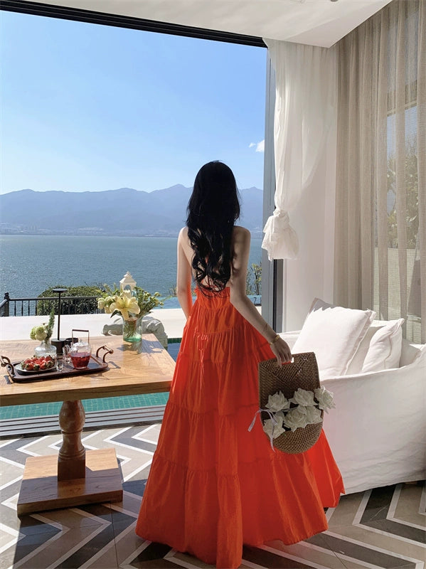 Fashion women's wear Yunnan Travel Photography Fairy Dress Orange Deep V-neck Backless Sling Dress Sanya Seaside Beach Skirt Female