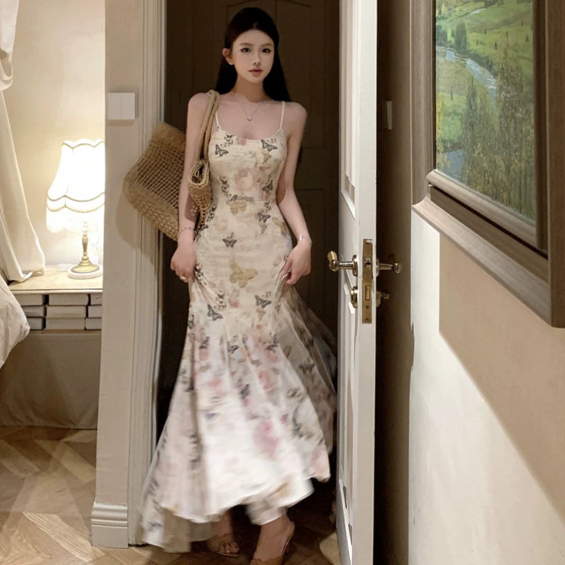 Fashion women's wear Beautiful Small Skirt Seaside Holiday Floral Strap Dress Tea Break French Style Temperament Slim-Fit Sheath Fishtail Long Skirt