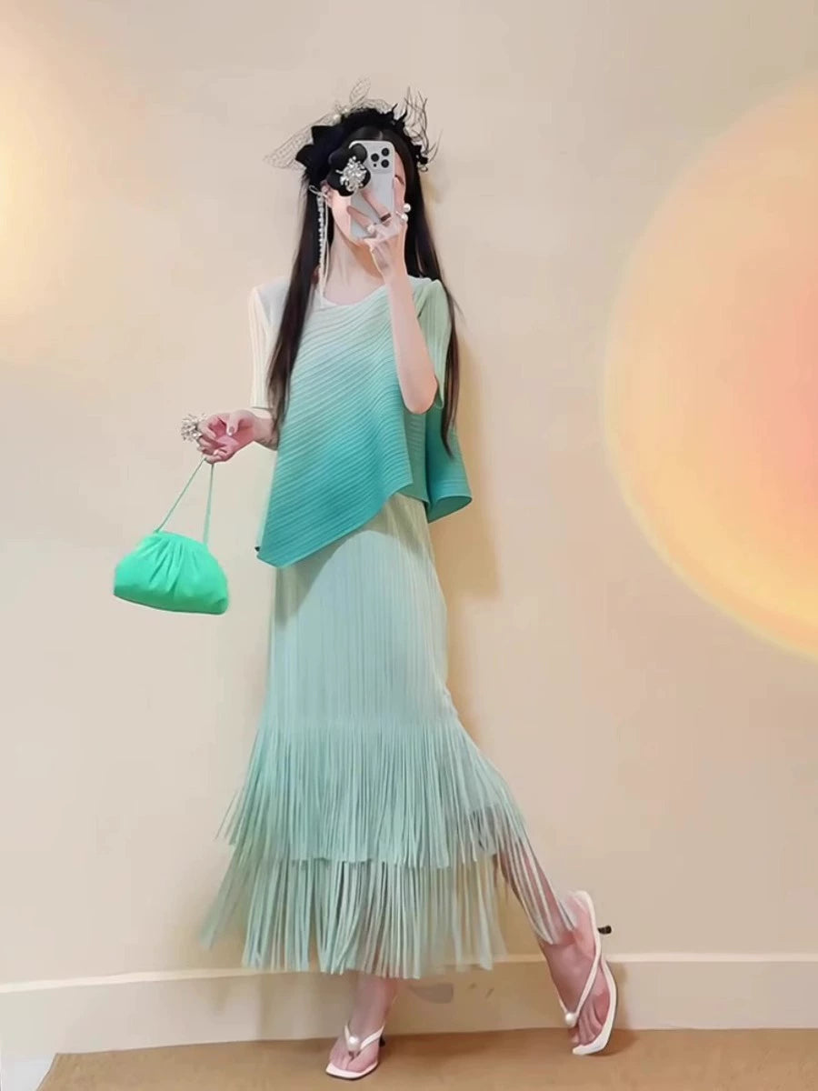 Dopamine dress Free shipping Tattoo summer dopamine wear beautiful fashion temperament socialite mint green gradual change top can be salt can be sweet suit skirt