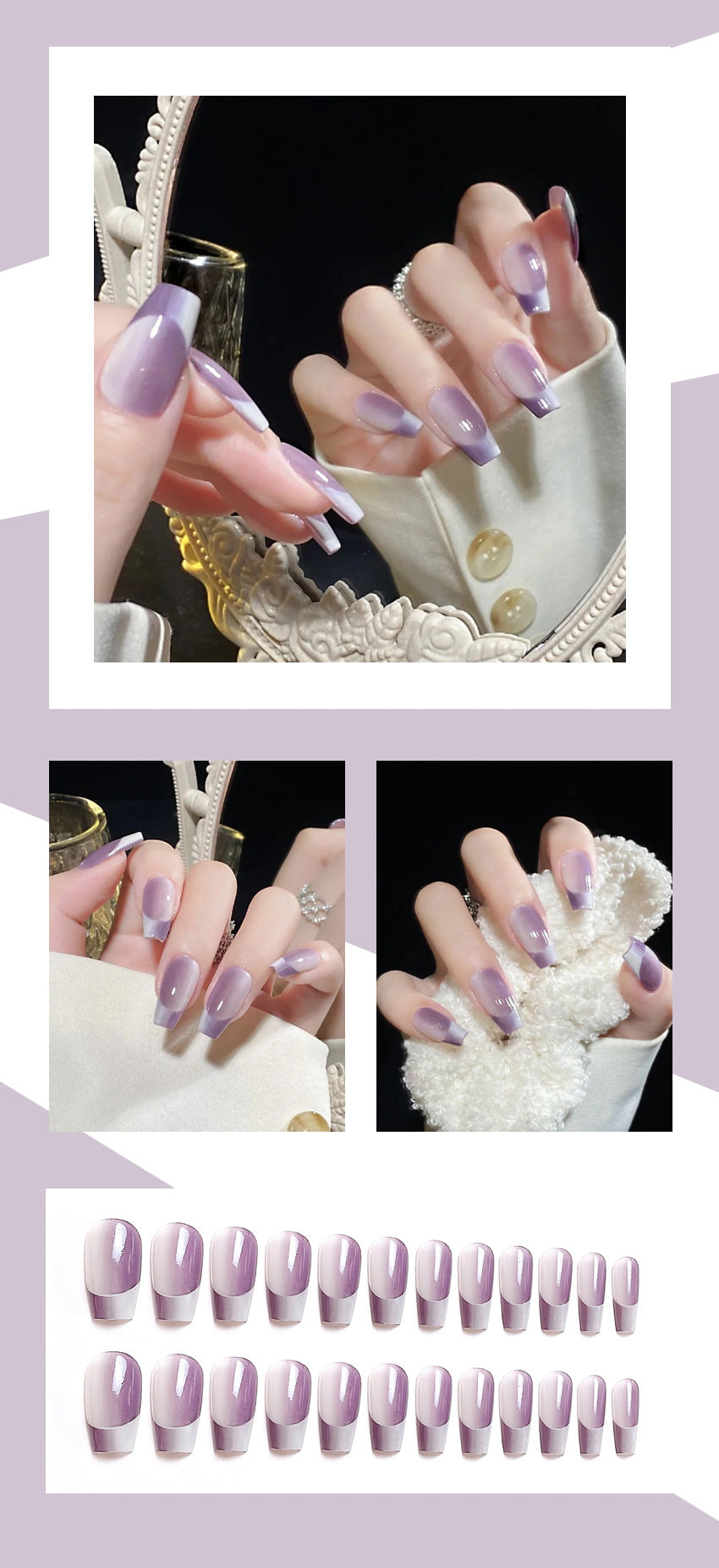 Fashion  nail Pure Want to Wear Manicure Purple Gradient French Fake Nail Patch Removable Wear Nail Wholesale Manicure W4w5