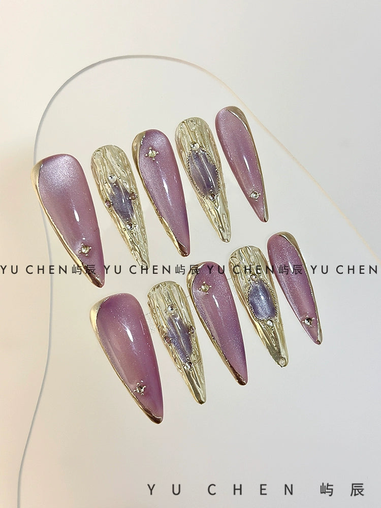 (Hand made nail) Original by Yuchen | Purple Buchirati Nail Wearing Nail Handmade Cat Eye Light Gold 3D Relief Heavy Industry