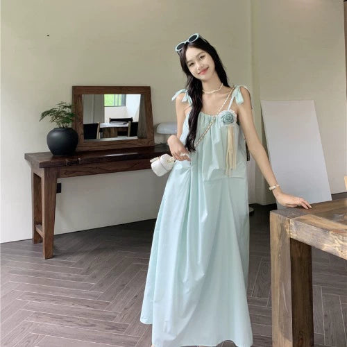 Fashion women's wear Mint Mambo Style French Strap Dress Female Early Spring and Summer Elegant High Sense Sanya Seaside Vacation Long Dress