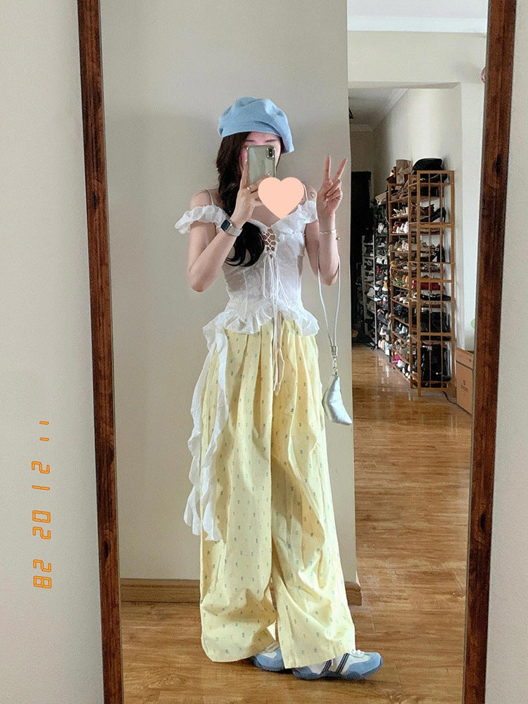 Free shipping  Large size dopamine color polka dot casual trousers women's summer high waist loose and thin walking trousers wide leg trousers tide pants