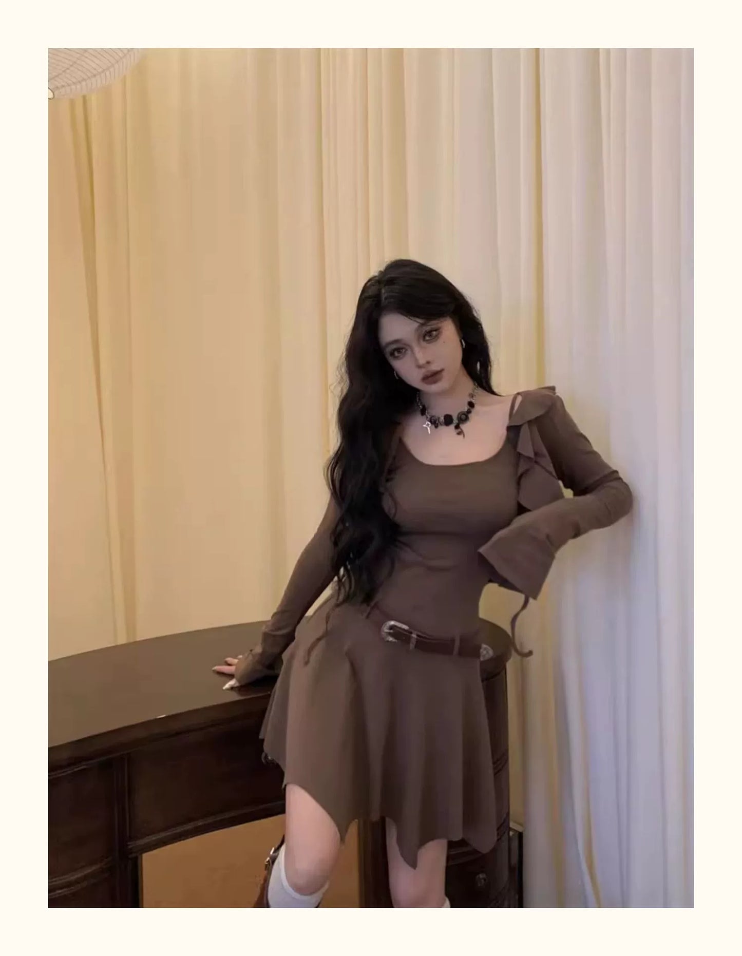 Fashion women's wear Brown Sleeveless Sling Dress Women's Summer Hot Girl Fitted Waist Pleated A- line Short Skirt Ruffled Cardigan Two-Piece Set