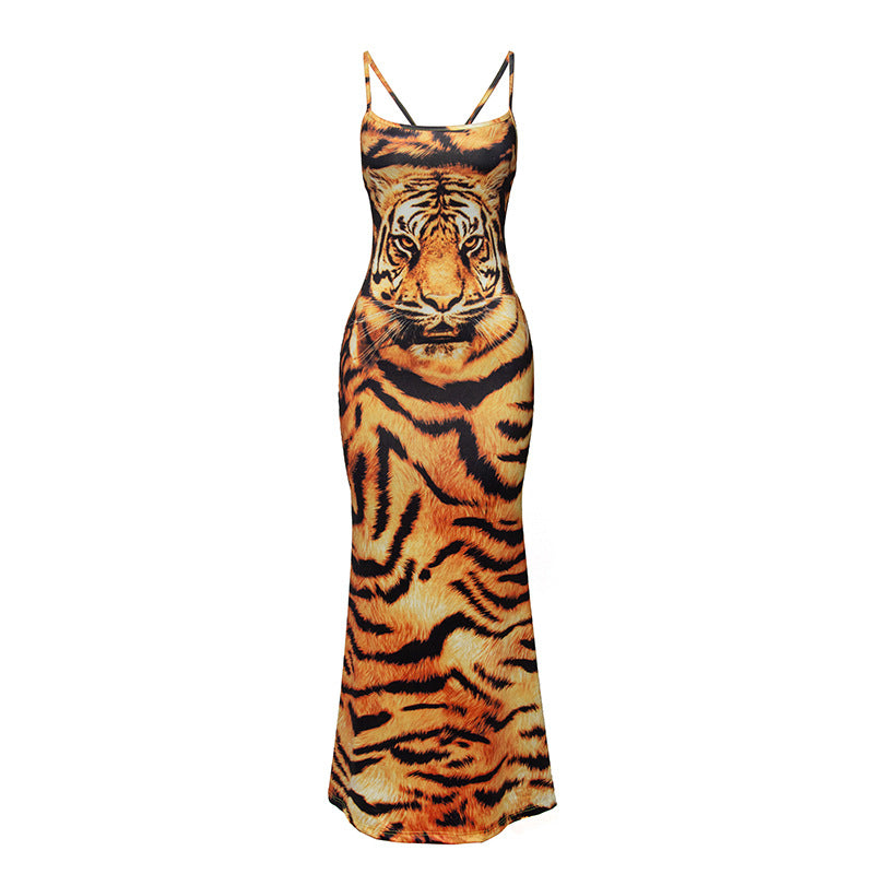Free shipping  New Sleeveless Suspender Tiger Print Sexy Lace-up Halter Women's Long Dress